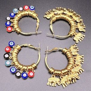 18K GOLD PLATED EVIL EYE + ELEPHANT HYPOALLERGENIC EARRINGS (2)pairs